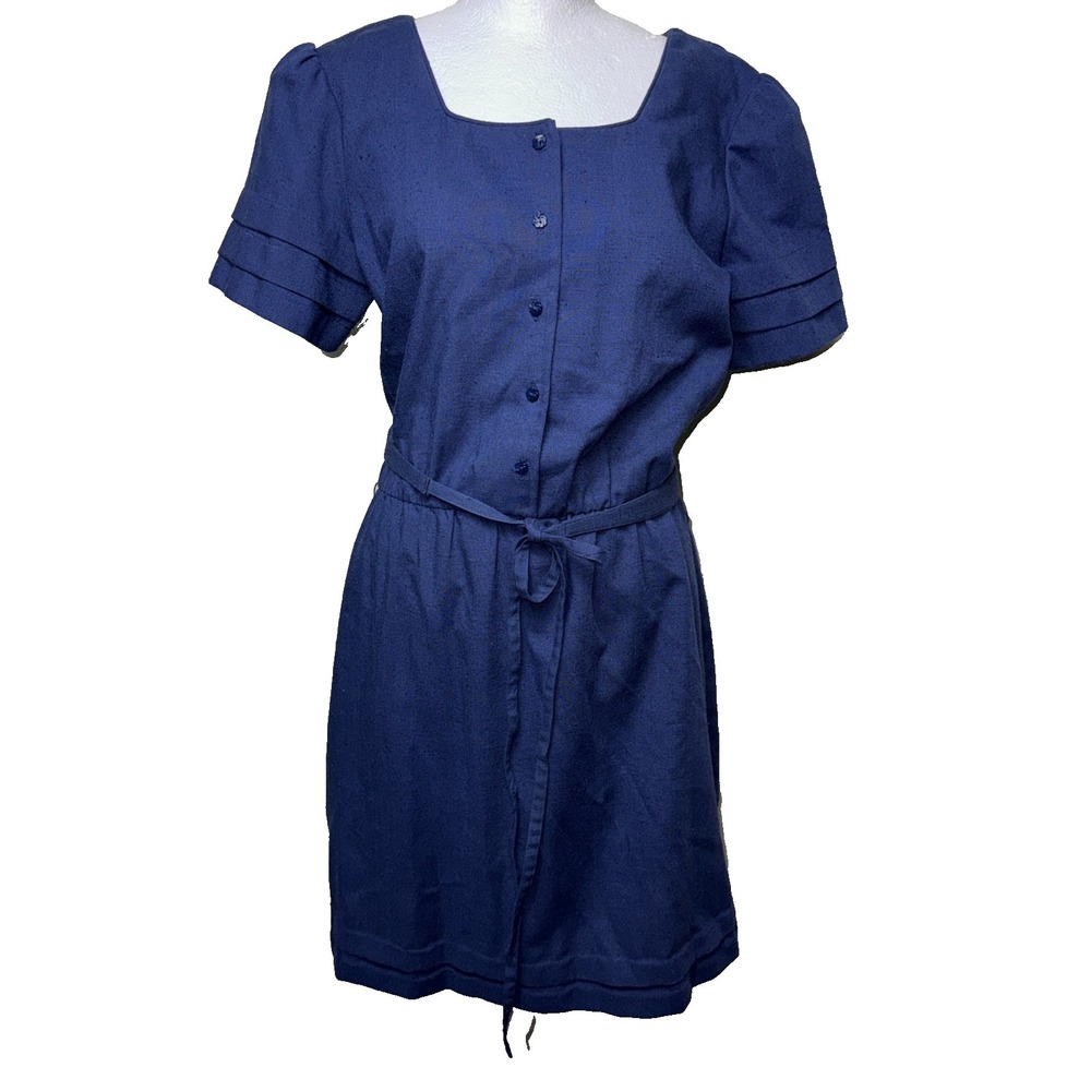 Vintage Sans Age Navy Blue Linen Dress Sz 14 Button Up Belted Cottagecore Mod